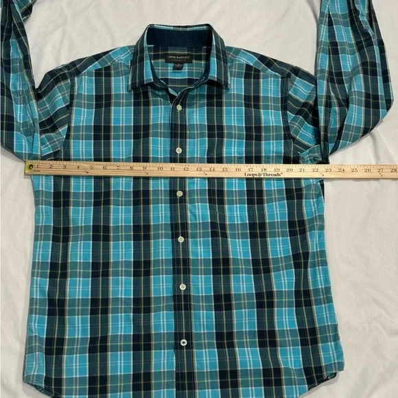 John Bartlett Consensus Button Up Shirt Medium Teal and White Plaid Long Sleeve - Picture 9 of 10